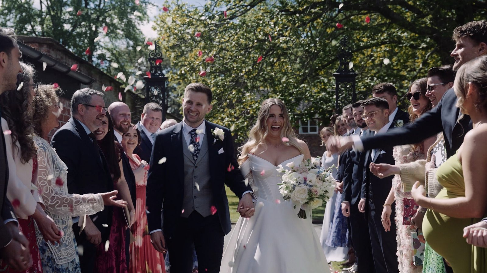 Confetti shot after Emma and Alex’s ceremony at Dorfold Hall